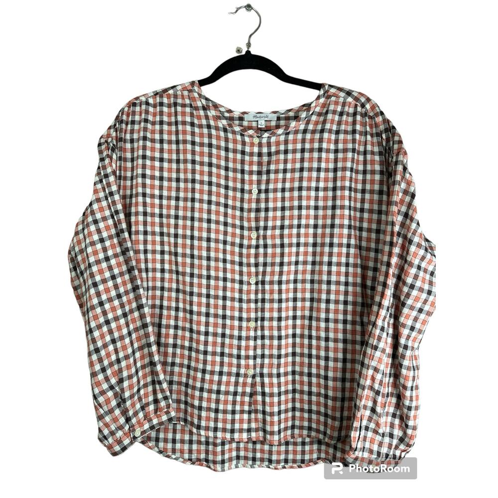 Madewell 'Meadow'  Orange Black Button Down Long Sleeve Plaid Blouse Size Small